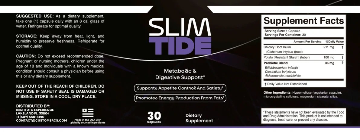 The SlimTide label flat, showing the Supplement Facts panel and the side panel, with a numbered marker beside each printed line